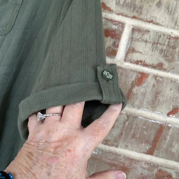 Essentials Olive Green Ribbed Knit Button Down V-neck Blouse - Picture 5 of 10